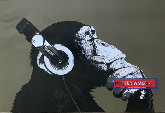 Chimpanzee With Headphones Pondering Music Poster 24 X 35