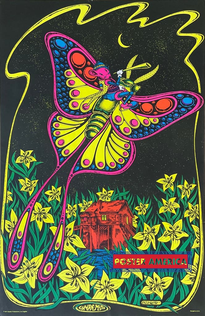 Lunar Moth Original 1971 Vintage Black Light Poster 23 x 35