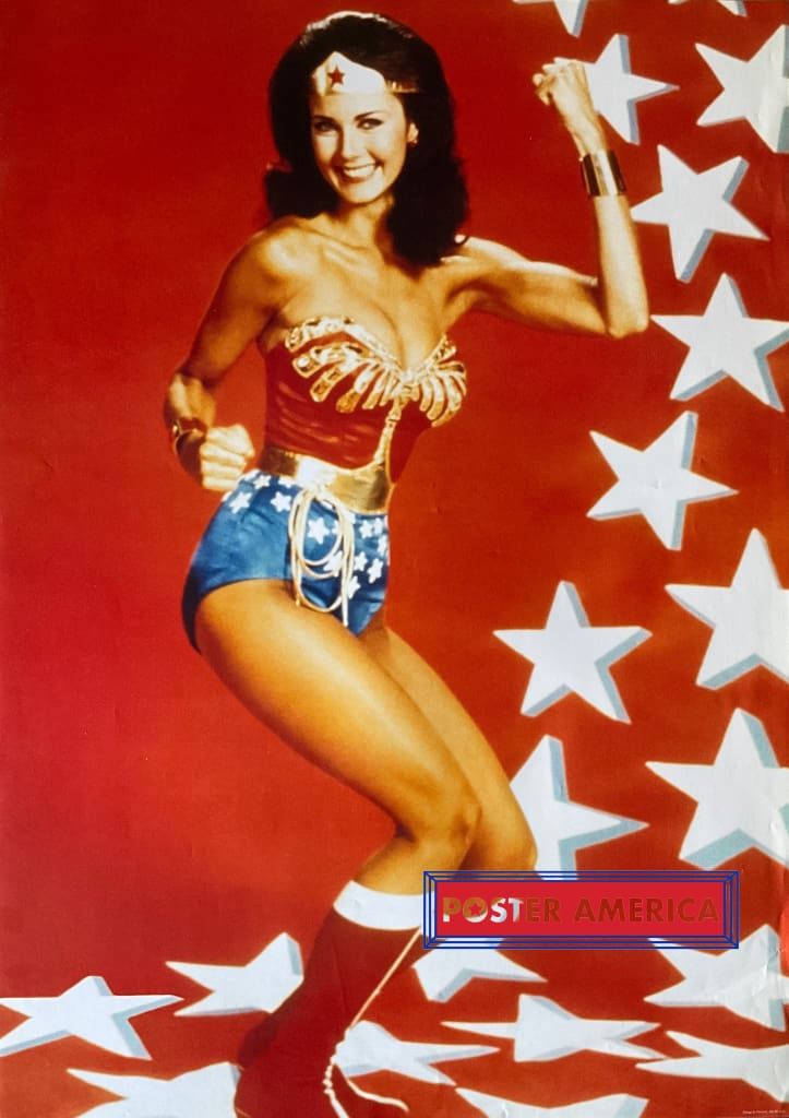 Load image into Gallery viewer, Wonder Woman Lynda Carter Red Background Vintage Poster 24 X 33.5
