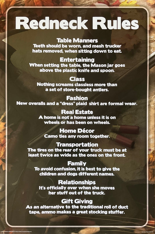 Redneck Rules Novelty Poster 24 x 36