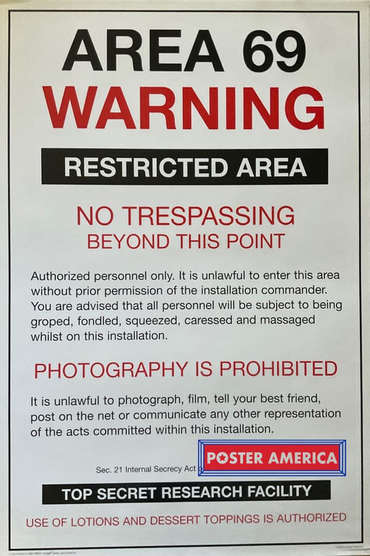 Area 69 Warning Restricted Vintage 2000 24 X 36 Poster