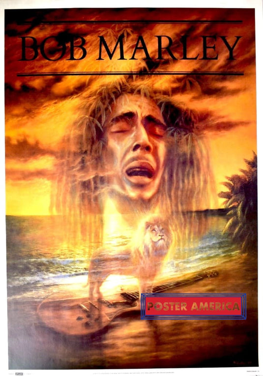 Bob Marley Iron Lion Zion Guitar Illustration Ultra Rare Poster 23.5 X 34 Vintage Poster