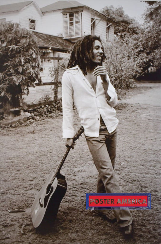 Bob Marley Leaning On His Guitar In Sepia Poster 24 X 36
