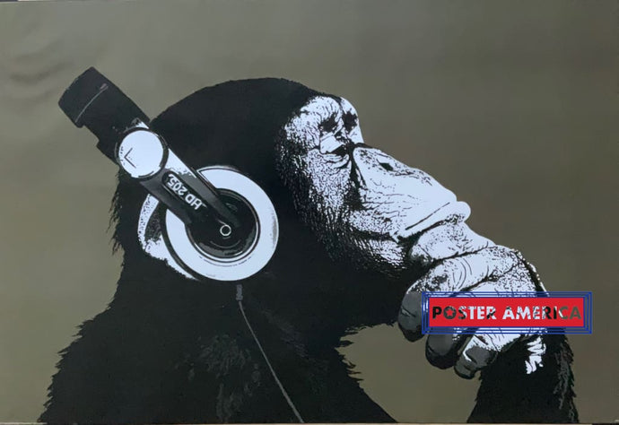 Chimpanzee With Headphones Pondering Music Poster 24 X 35