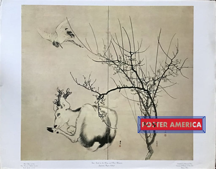 Deer Stork On The Wing And Plum Blossoms Art Print 22 X 28 Fine