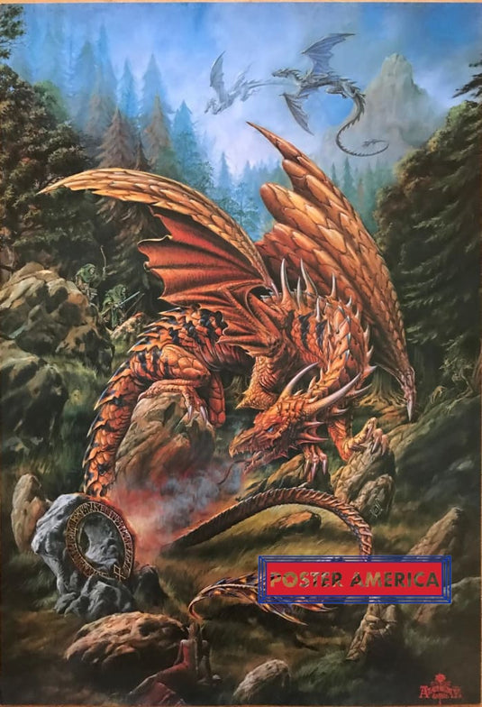 Dragons Elves And Rangers Vintage Fantasy Poster 24 X 35 Fire Breathing Dragon In The Wilderness