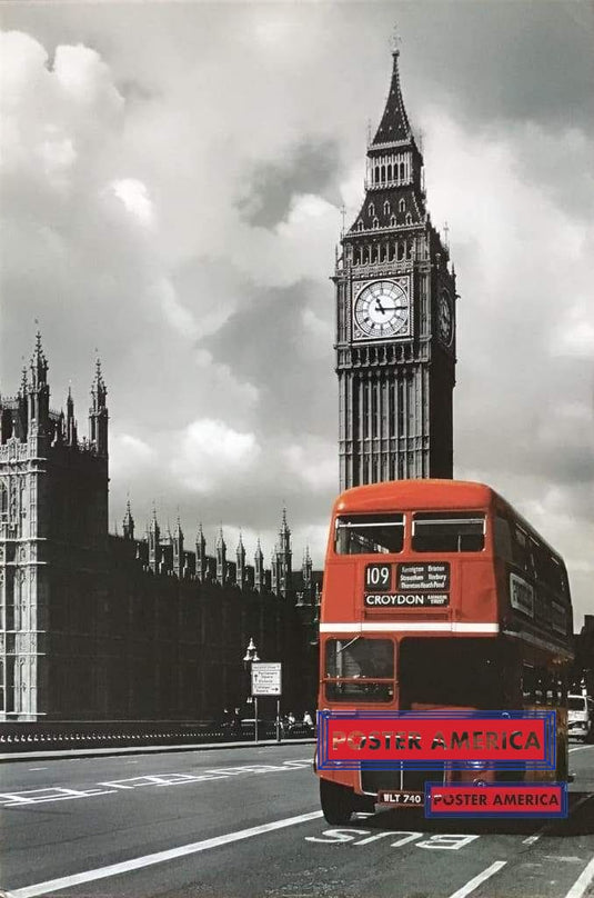 English Double Decker Bus Driving Past Big Ben And Parliament Poster 24 X 36