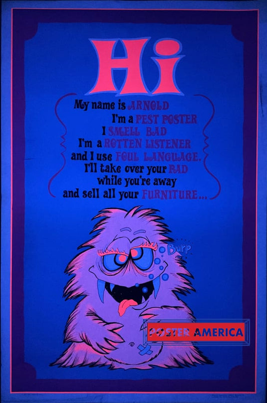 Hi My Name Is Arnold Vintage 1972 Black Light Poster 23 X 35