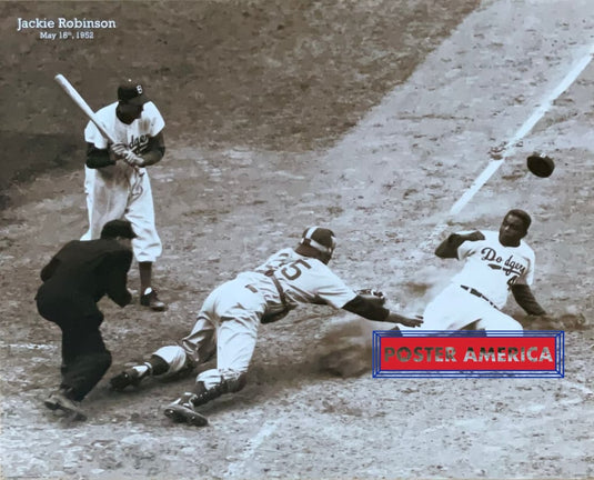 Jackie Robinson Steals Home Base Brooklyn Dodgers Sepia Poster 16 X 20