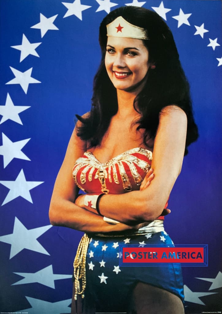 Load image into Gallery viewer, Lynda Carter Wonder Woman Blue Background Rare 1999 Vintage Poster 24 X 34
