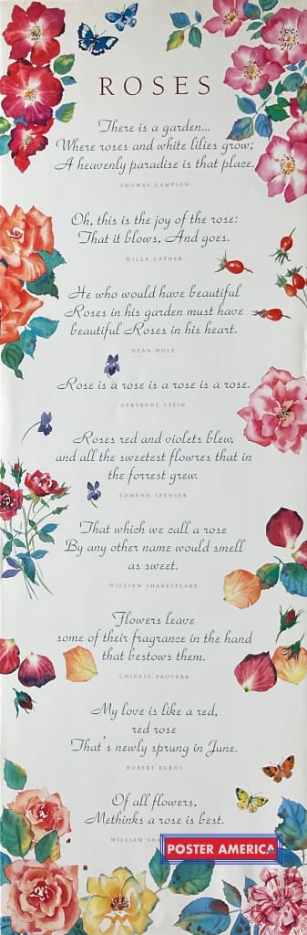 Mary Woodin Watercolor Roses And Quotes Vintage 1995 Art Slim Print 12 X 36