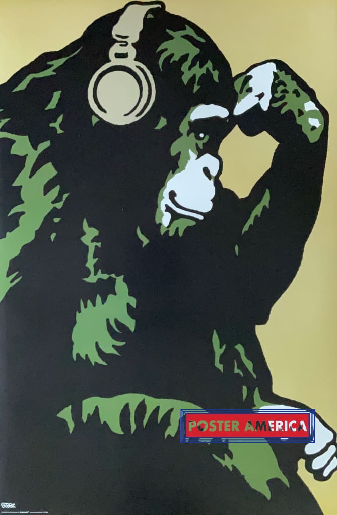 Load image into Gallery viewer, Chimpanzee With Headphones Pondering Music Poster 24 X 35
