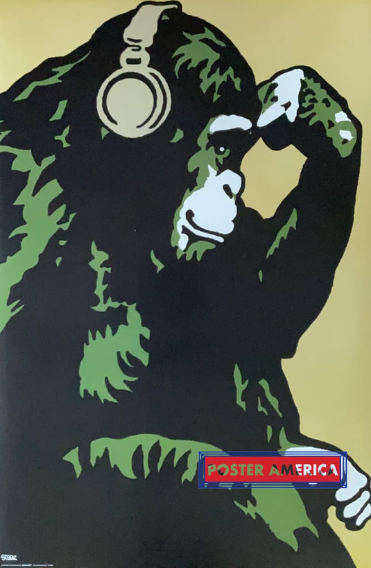 Chimpanzee With Headphones Pondering Music Poster 24 X 35
