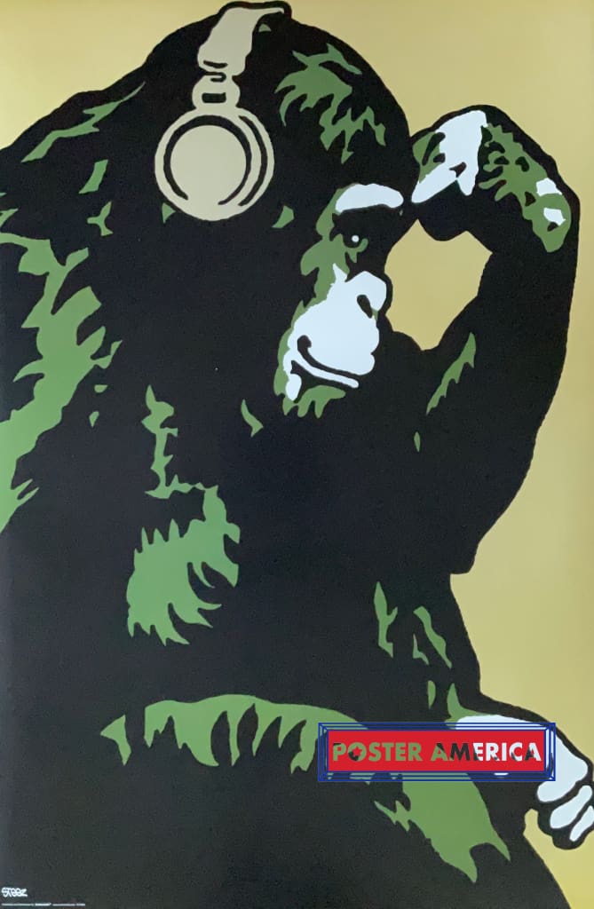 Load image into Gallery viewer, Chimpanzee With Headphones Pondering Music Poster 24 X 35
