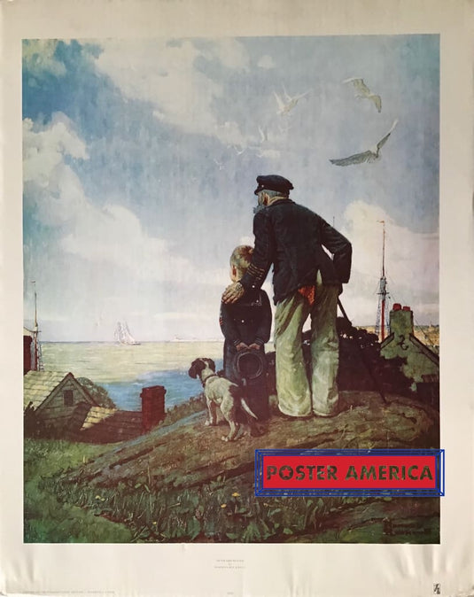 Norman Rockwell Outward Bound 1982 Vintage Poster 22.5 X 28.5 Young Boy Old Man And A Dog Looking
