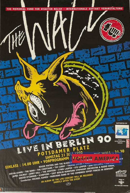 The Wall Live In Berlin 1990 Vintage Music Poster 23.5 X 34.5 Memorial Fund For Disaster Relief