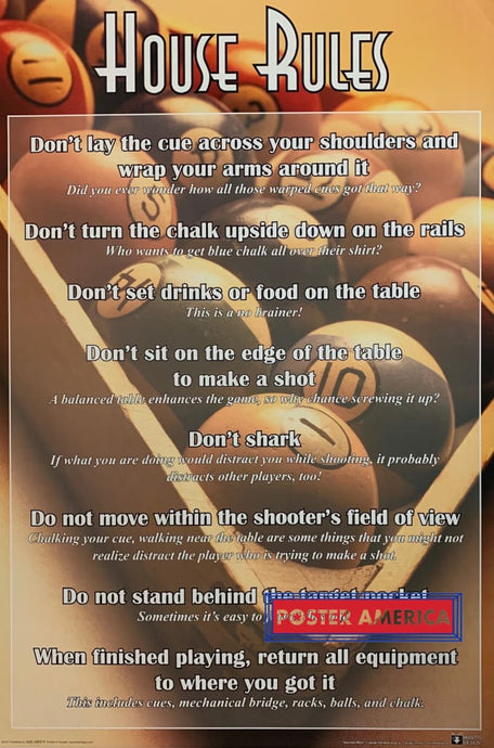 Pool Hall Billiards House Rules 2006 Mantis Design Poster 24 X 36