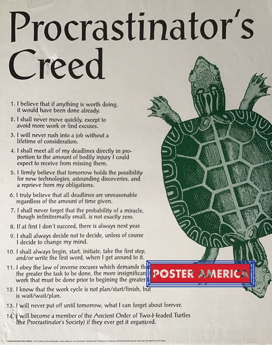 Procrastinators Creed Novelty 1993 Vintage Poster 22 X 27.5