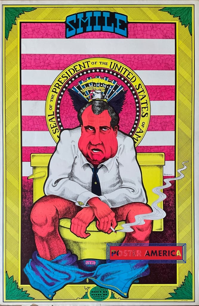 Load image into Gallery viewer, Richard Nixon Smile On The Toilet Original 1971 Black Light Poster 24 X 35 Blacklight
