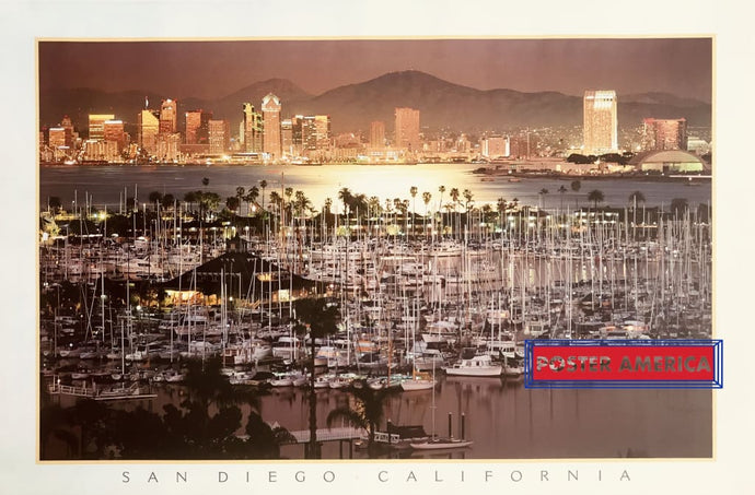 Vintage San Diego California Harbor Downtown Skyline Gold Scenic Photo Poster 24 X 36
