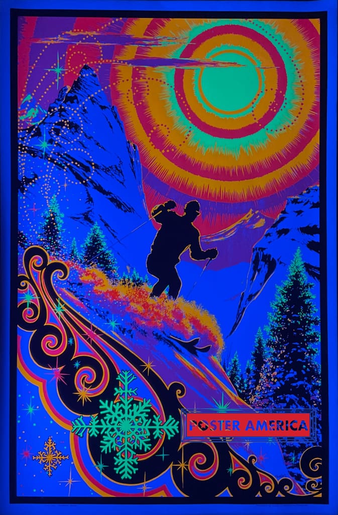 Load image into Gallery viewer, Sunrise Skier Vintage Black Light Poster 23 X 35 Posters Prints &amp; Visual Artwork
