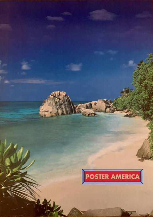 Vertical Tropical Setting With Beach And Rock Formation Poster 24 X 34 Vintage U.k. Import 2001