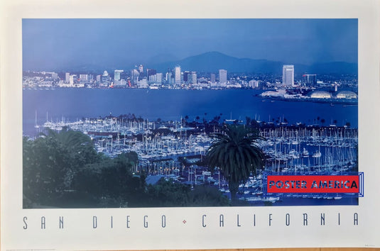 Vintage San Diego California Harbor Downtown Skyline Blue Scenic Photo Poster 24 X 36
