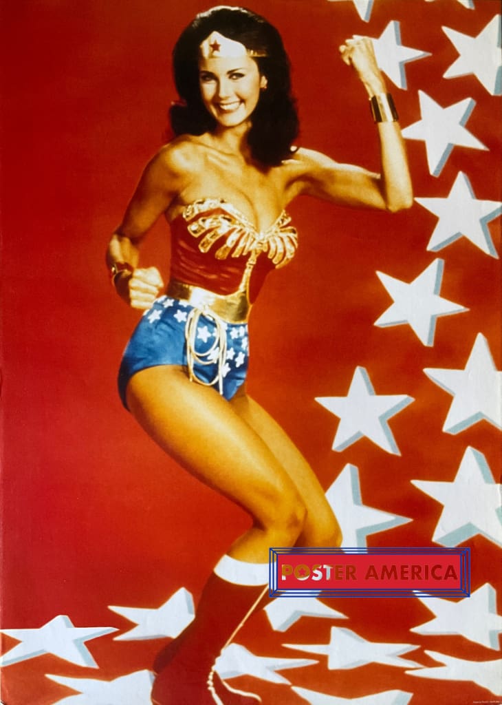 Load image into Gallery viewer, Wonder Woman Lynda Carter Red Background Vintage Poster 24 X 33.5
